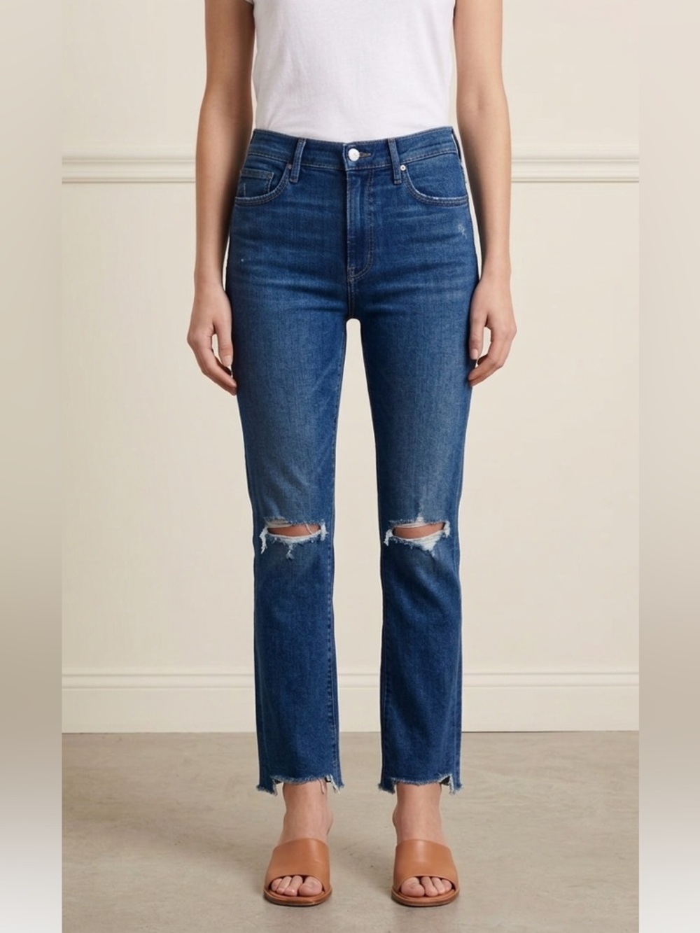 MOTHER High Rise Straight Leg Jeans Raw Hem Distressed Medium Wash Size 26